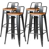Metropolis Low Back Bar Stool Wood Seat in Gunmetal Powder Coated Steel (Set of 4)